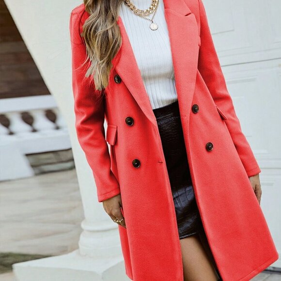 Red Elegant Women's Turndown Collar Long Sleeve Double-Breasted Knitted Coat - Picture 3 of 5